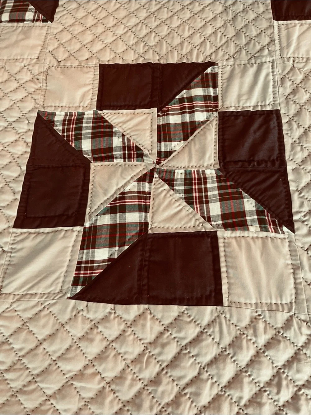Rustic Plaid Pinwheel Patchwork Quilt Cabin Lodge Cottagecore Brown Tan